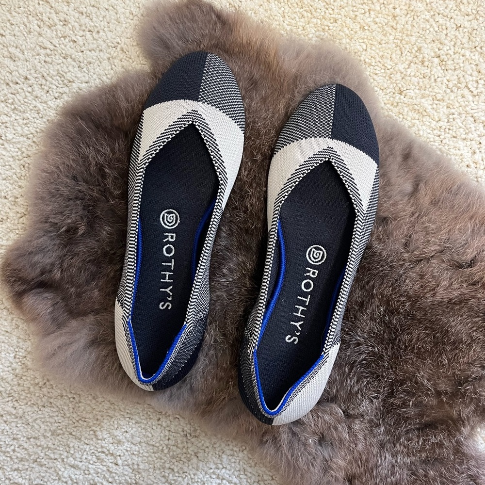 Rothy’s The Flat Cap Toe Black and White Checkered Plaid Flats size 8